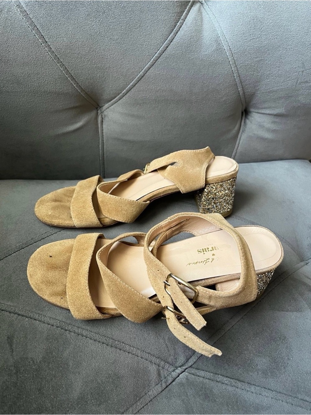 For Love & Lemons Suede Block Heel Sandals in Tan with Glitter Heel